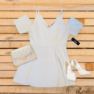 NWT Lulus Light Blue Formal Mini Dress 100% Polyester W Off the shoulder Sleeves